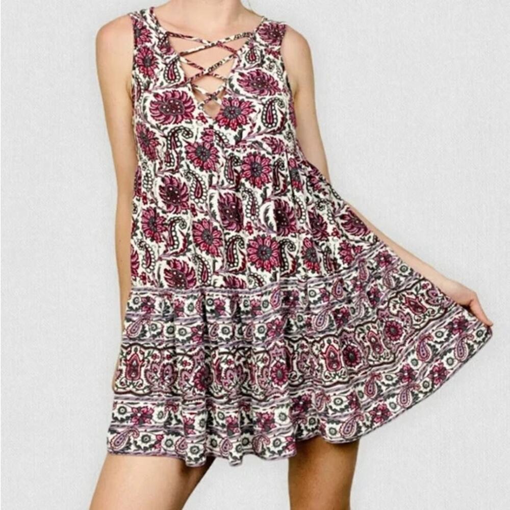 NWT American Eagle‎ Sleeveless V-neck Boho Floral Paisley Tiered Mini Dress S